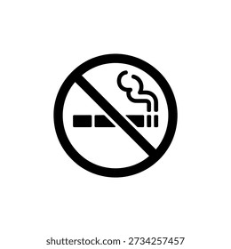 Um sinal circular preto e branco exibindo um cigarro riscado, indicando uma zona de proibição de fumar.
