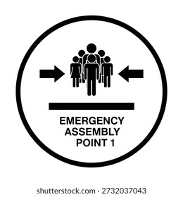 A black and white circular sign indicating an emergency assembly point with a group of people and arrows pointing towards them.