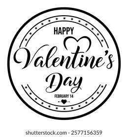 Black and white circular stamp design featuring Happy Valentine's Day text with heart and star decorations isolated on transparent background. Ideal for greeting cards, crafts, and digital projects