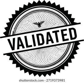 A black and white circular stamp with a serrated edge. The word VALIDATED is prominently displayed across a diagonal band.