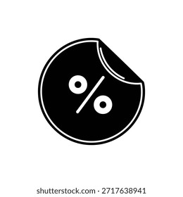 Black and white circular sticker icon with peeled corner and percentage symbol