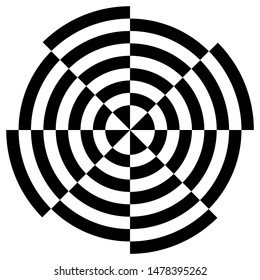 Black and white circular stripes illusive optical art, vector design,