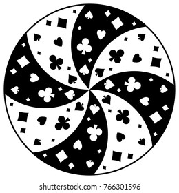 Black and white circular swirling pattern symbols of playing cards. Vector illustration.