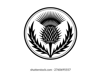 Black and white circular thistle emblem with symmetrical leaves and spikes