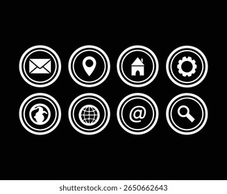 Conjunto de ícones circulares da Web em preto-e-branco - e-mail, localização, página inicial, configurações, pesquisa ou mais ícones, arquivo vetorial
