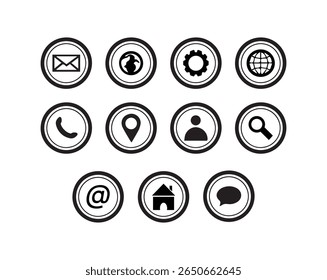 Conjunto de iconos web circulares en blanco y negro: correo electrónico, Locación, hogar, Configuraciones, Búsqueda o más iconos, archivo de Vector