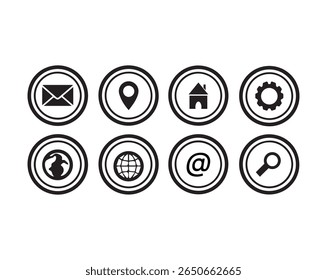 Black and White Circular Web Icons Set – Email, Location, Home, Settings, Search or more icons, vector file