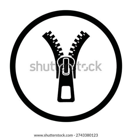 Black and white circular zipper symbol with metallic slider and teeth in minimalist design for closure and fastening concept