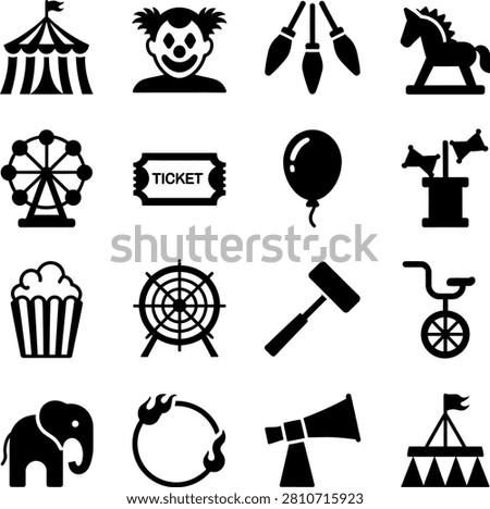 Black and White Circus and Amusement Park Themed Icons Featuring Classic Entertainment Symbols