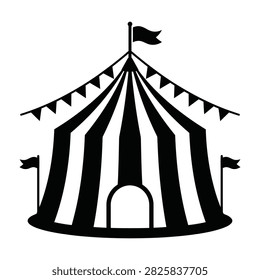 Black and white circus big top tent icon featuring classic stripes, entrance arch, and festive bunting flags. Perfect for entertainment design.