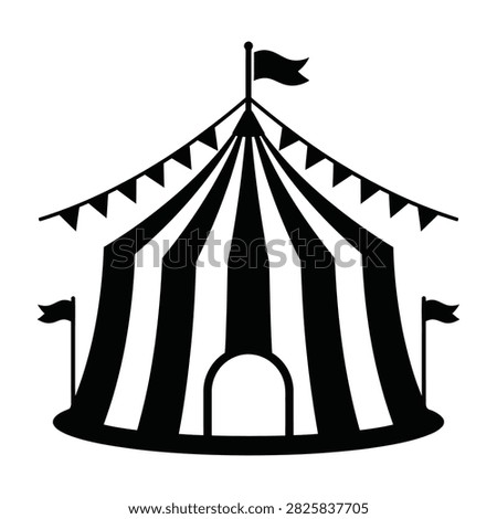 Black and white circus big top tent icon featuring classic stripes, entrance arch, and festive bunting flags. Perfect for entertainment design.