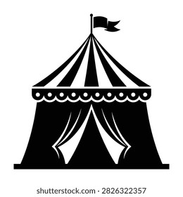 Black and white circus tent icon illustration. Classic striped big top with flag and scalloped border. Perfect for entertainment design and carnival theme.
