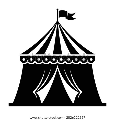 Black and white circus tent icon illustration. Classic striped big top with flag and scalloped border. Perfect for entertainment design and carnival theme.