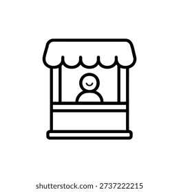 Black and white circus ticket booth with smiling vendor line icon for entertainment and carnival design