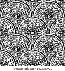 Black and white citrus slices vector seamless pattern