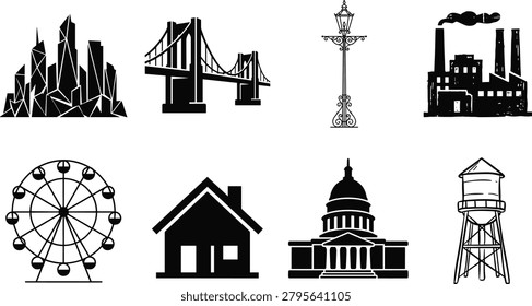 Black and white city architecture icon set featuring skyline, bridge, street lamp, factory, ferris wheel, house, government building, and water tower