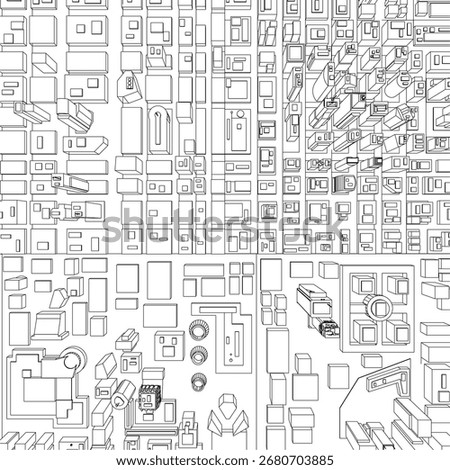 A black and white city contour pack features various building types with detailed floor plans, windows