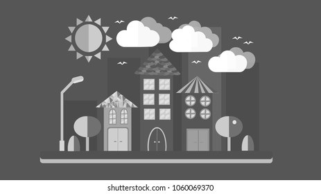 Black and white city landscape in flat style. The city with houses with sloping roof and various beautiful tiles with a lantern sun-shining clouds and trees on a blue background. Vector illustration