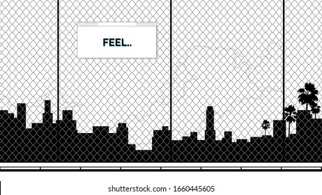 Black and white city landscape through wire fance and cloud flat manga style illustration background with vintage OS style frame border for texts