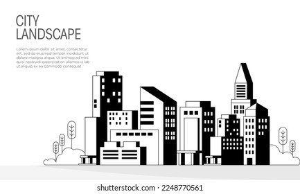 Black and white city landscape vector illustration. Suitable for design element of modern city background, architecture, tourism travel banner.