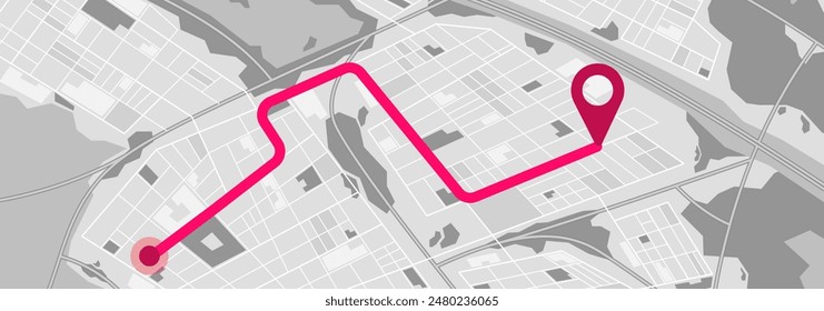 Black And White City Map Showing A Detailed Layout Of Streets And Landmarks, Red Route Marked From The Starting Point