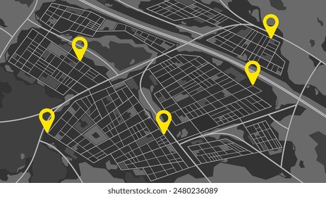 Black And White City Map With Yellow Location Markers Indicating Specific Points. Vector Illustration