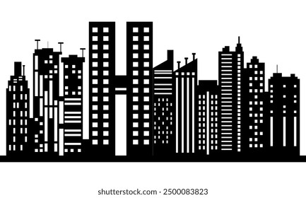 black and white city silhouette with white background