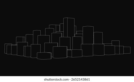 A ilustração do horizonte da cidade em preto e branco apresenta edifícios altos com contornos limpos. O fundo escuro enfatiza a silhueta urbana. A arquitetura detalhada cria um contraste impressionante.