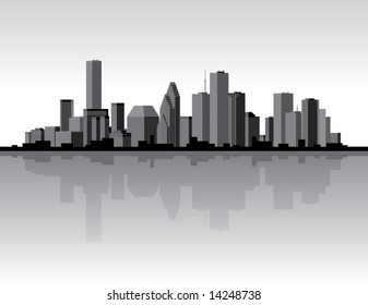 Black and white city skyline with reflection.  Vector illustration.