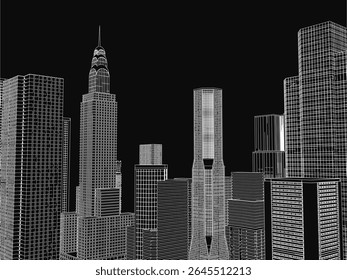 Horizonte da cidade preto e branco com arranha-céus altos sob uma atmosfera escura e temperamental, mostrando arquitetura urbana e vibrações da metrópole moderna. A ilustração detalhada destaca o contraste.