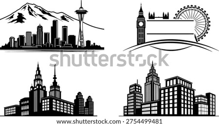 Black and white city skylines with famous landmarks Seattle London
