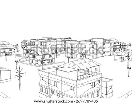 Black and white cityscape contour drawing featuring detailed houses, streets, and trees with poles. The monochrome illustration captures urban architectural details.
