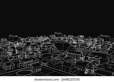 El dibujo de paisajes urbanos en blanco y negro presenta múltiples edificios detallados en primer plano contra un fondo oscuro y malhumorado. El estilo de boceto enfatiza los detalles arquitectónicos y la atmósfera urbana.