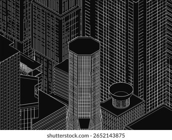 A ilustração da paisagem urbana em preto e branco apresenta arranha-céus imponentes dispostos em um padrão de grade preciso. Os edifícios mais altos dominam o centro, enquanto estruturas menores flanqueiam os lados.