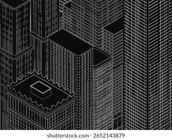 A ilustração da paisagem urbana em preto e branco apresenta arranha-céus imponentes dispostos em um padrão de grade preciso. Os edifícios criam fortes linhas de perspectiva e profundidade.