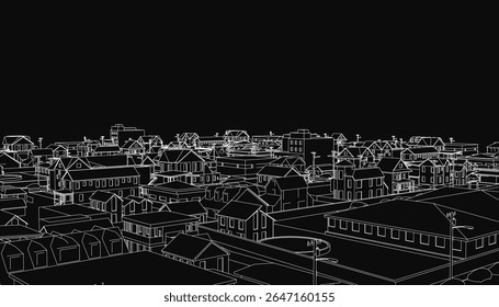 Ilustração da paisagem urbana em preto e branco com vários edifícios e postes de utilidade em primeiro plano. O fundo escuro melhora o contraste, criando uma dramática silhueta urbana.