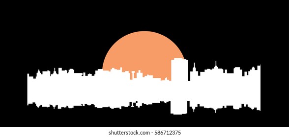 Black and white cityscape silhouette with orange sun
vector illustration