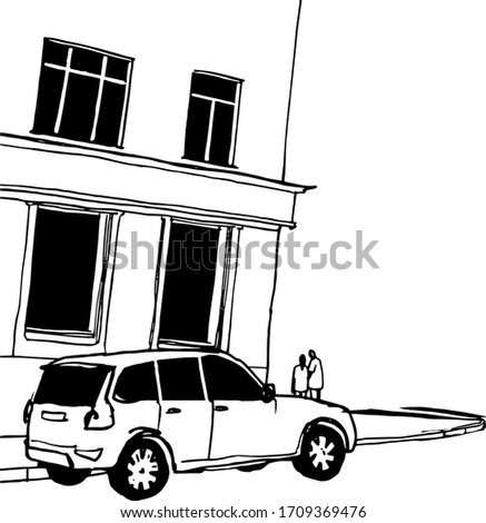Black and white cityscape sketch. Vector hand drawn illustration of city street with car, building and people.