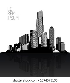 Black and white cityscape with skyscrapers.