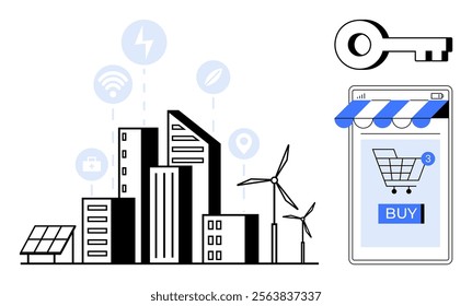 Black and white cityscape with solar panels and wind turbines next to a smartphone screen with a shopping cart. Ideal for smart city technology, renewable energy, e-commerce, sustainability