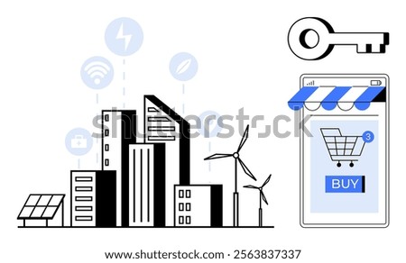 Black and white cityscape with solar panels and wind turbines next to a smartphone screen with a shopping cart. Ideal for smart city technology, renewable energy, e-commerce, sustainability