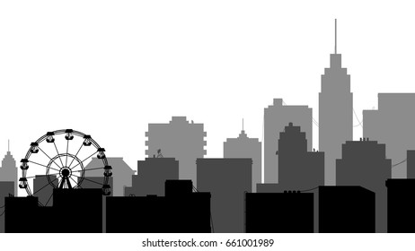 Black and white cityscape street panorama layers whith ferris wheel and skyscraper