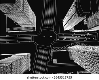 A black and white cityscape with tall buildings arranged in a grid-like pattern, each featuring unique architectural details. The dark background enhances the contrast, highlighting the intricate.