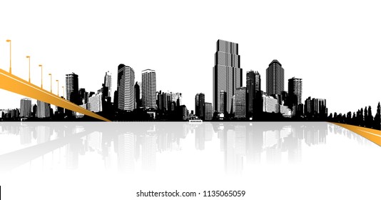 Paisaje urbano blanco y negro con reflejo acuático y puente naranja.