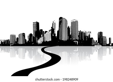 Black and white cityscape with water reflection and road.