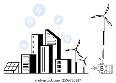 Black and white cityscape with wind turbines and solar panels. Symbols for technology and green energy hover above buildings. Ideal for sustainability, green energy, smart cities, technology