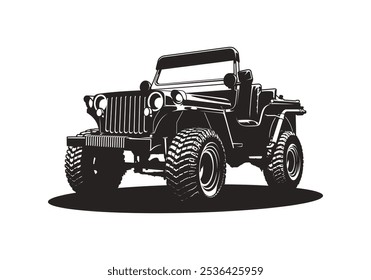 Black And White Classic Car Vector Illustration. Retro Vintage 4x4 Truck, Off Road