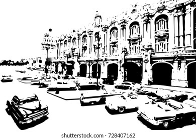 Black and white classic cars in the center of Havana in Cuba. Black and white drawn of Havana city. - vector illustration