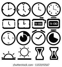 Black and white classic clock and time related icons. Editable for all decoration purpose.