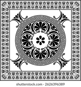 Preto com ornamento quadrado grego clássico branco. Retângulo da Grécia Antiga, Império Romano. Pintura bizantina de paredes, pisos, tetos. Decoração de palácios europeus. Para superfícies quadradas, têxteis